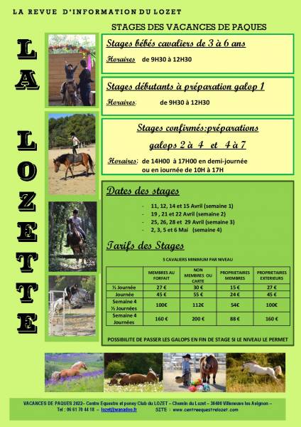 Stages d'équitation des vacances de Pâques 2022